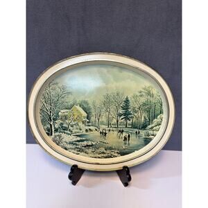 Vintage CURRIER & IVES "SKATING - EARLY WINTER" OVAL METAL SERVING TRAY